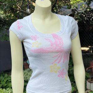 Wet Seal White Tee with Pink Bird and Yellow Floral Design